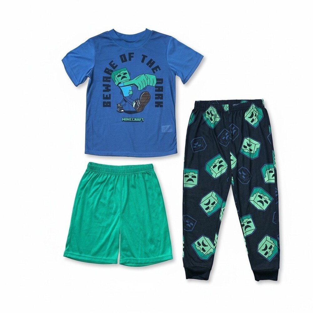 Minecraft Kids Boys 3-Piece Pajama Set With T-Shirt Shorts & Pants XS 4/5 - Picture 2 of 7
